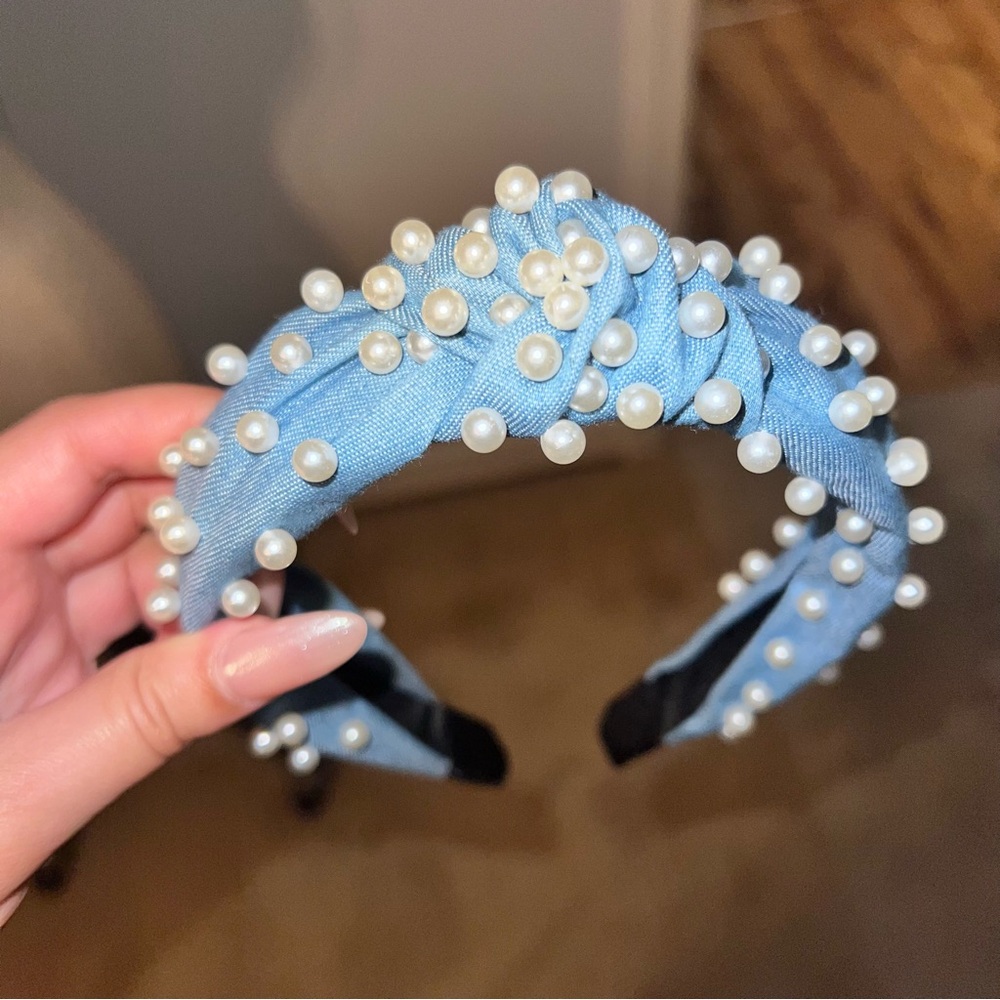 White House Black Market WHBM Denim & Pearl Knot Headband - Picture 3 of 7